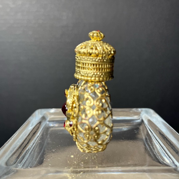 Miniature Czech Jeweled Gold Filigree Perfume Bottle with Dauber - Picture 2 of 9